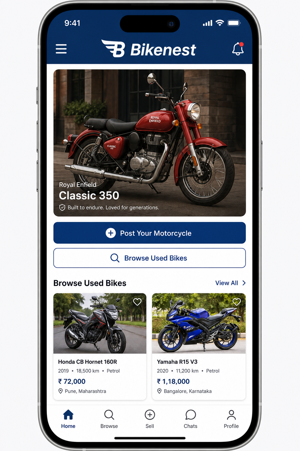 Bikenest app home screen