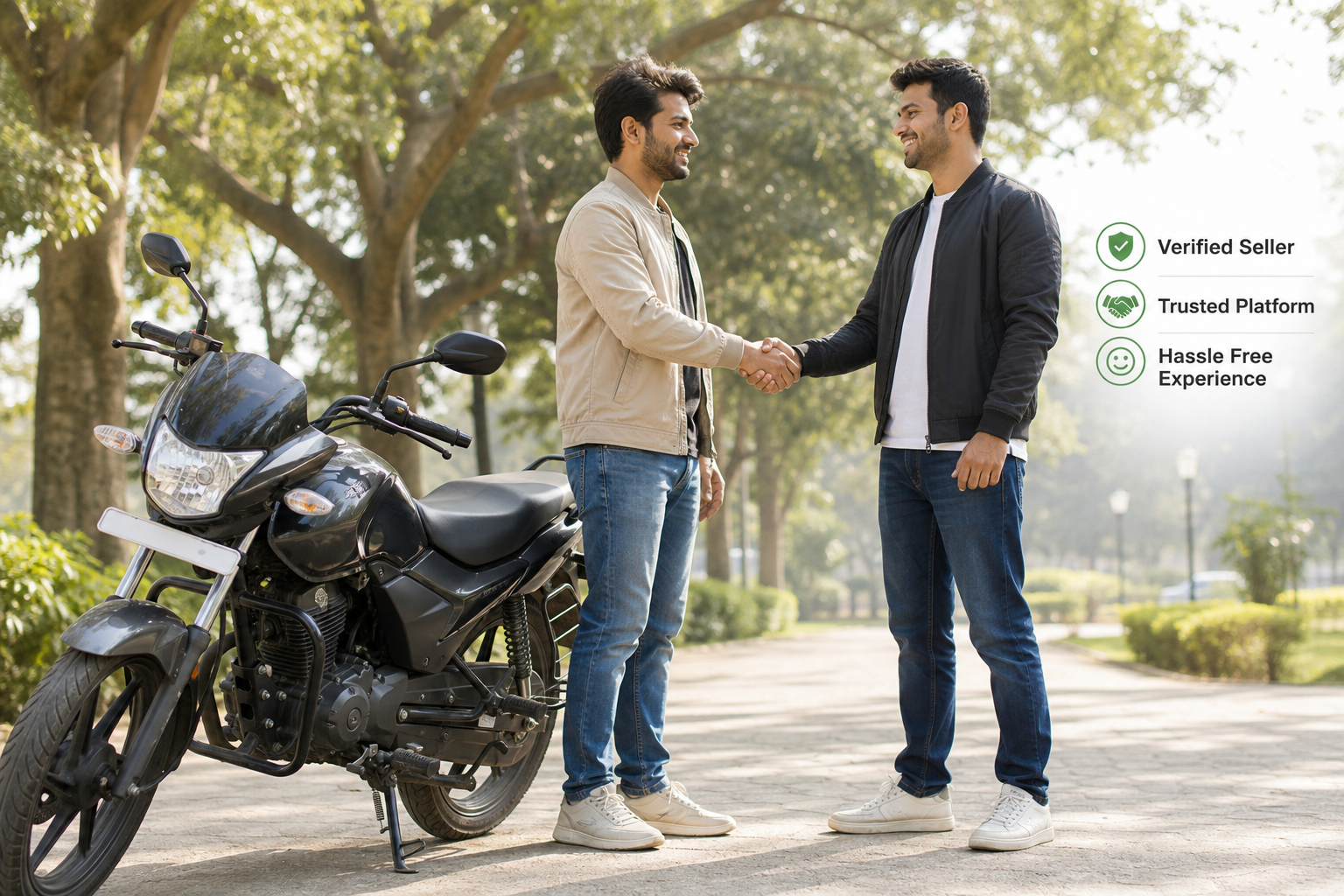 Buyer and seller completing a used bike sale in person