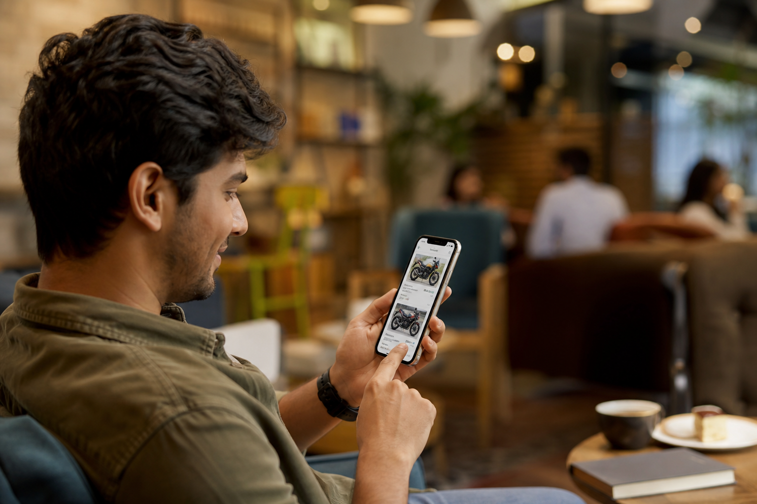 Person browsing Bikenest app in a cafe